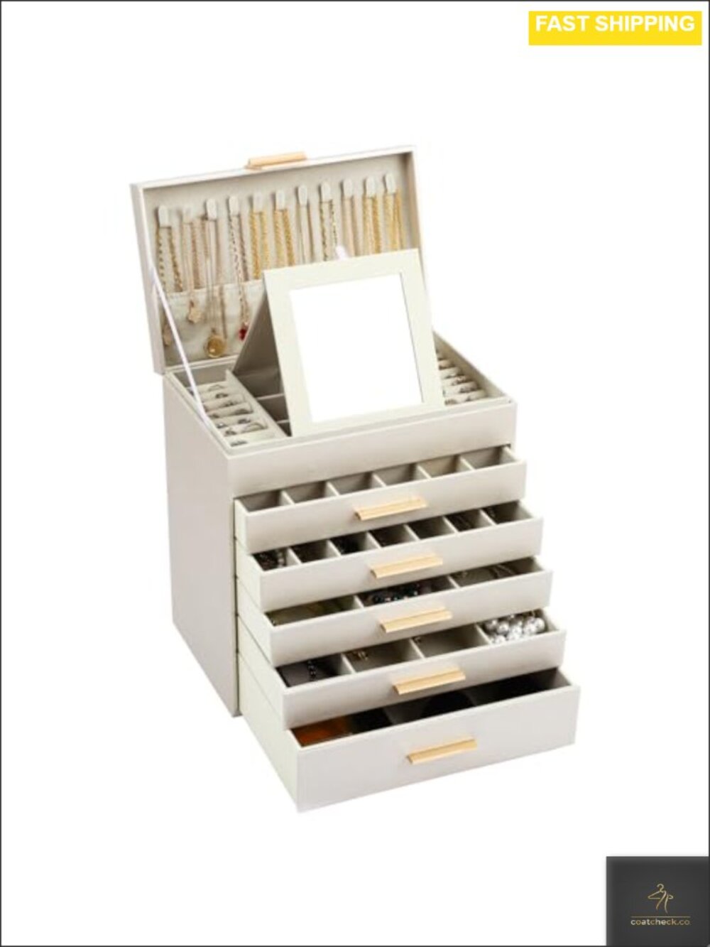 PU Leather 6 Layer Jewelry Box Organizer with Mirror